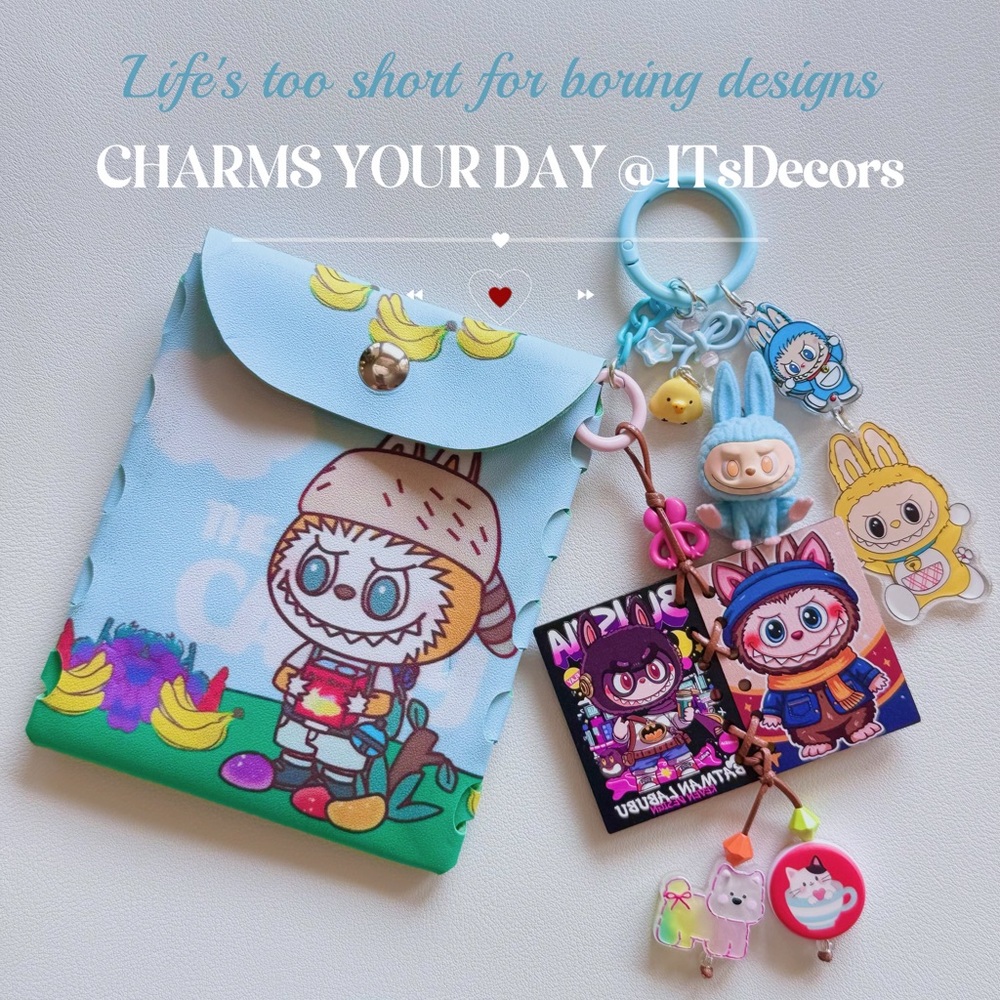 Iridescent Beaded Bag Charm with Labubu Figure: Handmade Keychain Phone Strap